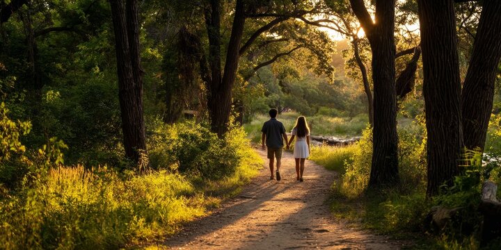Nature's Path of Togetherness: A couple strolls hand in hand along a sun-dappled path, framed by lush greenery and towering trees, enjoying a moment of connection and serenity amidst nature's embrace.