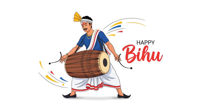 Illustrative design showcasing a man in assamese traditional dress playing the dhol drum energetically during the Rongali Bihu festival, with colorful accents against a clean white