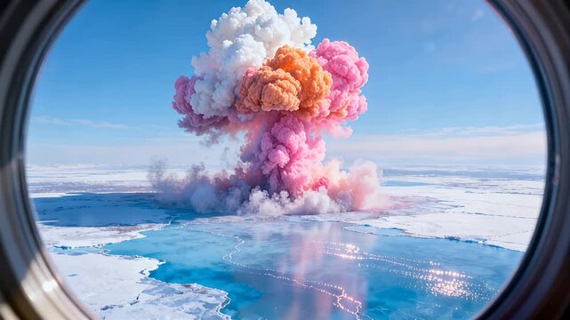 pink plume over icy landscape seen through airplane window