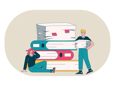 Office workers are overwhelmed by large piles of documents, folders, and books, which usually indicate a heavy workload or demanding studies. Workaholic illustrations. Flat vector concepts.