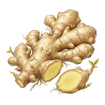 Fresh Ginger Jahe Root Rhizome Illustration &mdash; Asian Spice Cooking Ingredient Zingiber