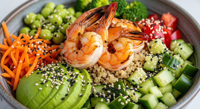 Healthy Shrimp and Quinoa Bowl with Fresh Vegetables and Avocado
