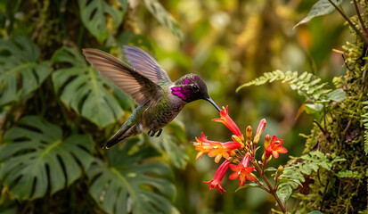 Obraz premium Hummingbird Hovering Near Red Flower in Tropical Garden