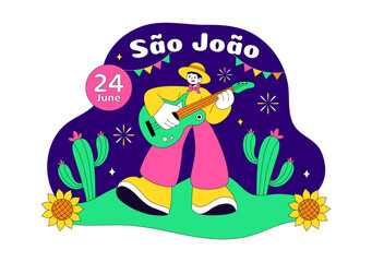 Fototapeta premium Sao Joao Festival Vector Illustration With Bonfire, Guitar, Dance, and Traditional Festa Junina Celebration Night Party Design