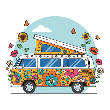 Retro Hippie Camper Van with Flowers and Butterflies