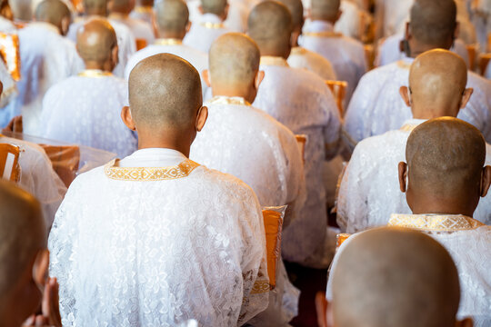 A rear perspective shows white clad ordinands seated in rows inside the temple holding orange robes with shaved heads and folded hands in a soft blurred ritual setting.
