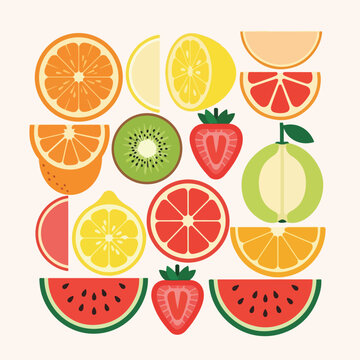 Colorful, minimalistic illustration featuring a variety of sliced fruits