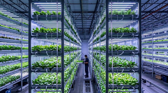 Indoor Vertical Farming Hydroponic Greenhouse with Lush Lettuce Crops in Modern Agricultural Facility