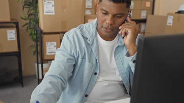 Man holds phone to ear and writes with pen in notebook near stacked parcels and desktop computer in building; productivity focus.