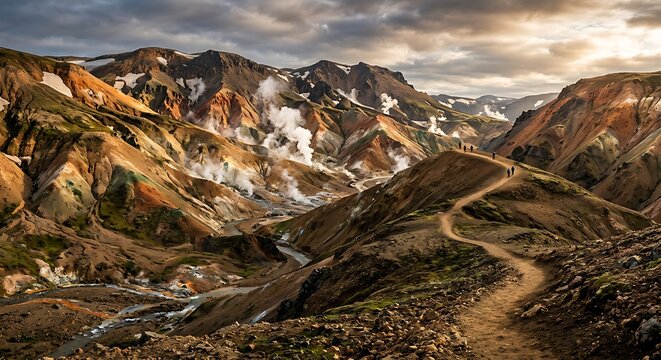 Hikers on a winding trail through rhyolite mountains and geothermal steam vents in Landmannalaugar, Iceland, under a dramatic sunset sky.
