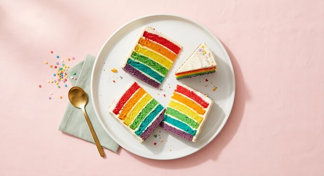 Top view of colorful rainbow layer cake slices with white frosting on a ceramic plate, golden spoon, and sprinkles on a pastel pink surface backdrop.