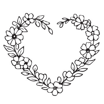 A minimalist vector illustration of a heart shaped frame with floral and leaf elements, designed with gentle forms and simple lines to express romance and natural beauty.