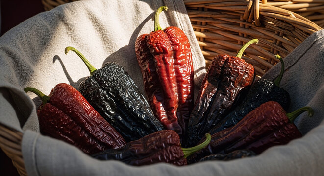 A rustic basket filled with various dried chile pasilla peppers and assorted dark chili varieties arranged for a traditional culinary ingredient display