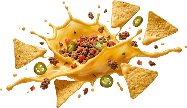 Triangles of crispy corn tortilla chips are dipped into a dynamic splash of melted yellow cheese sauce with ground beef diced tomatoes and sliced jalape os nachos melted cheese