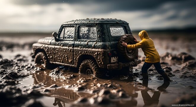 Muddy suv stuck in mire with person pushing against the vehicle