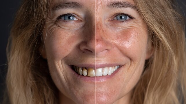 Female split face before and after dental care with poor oral health and healthy smile