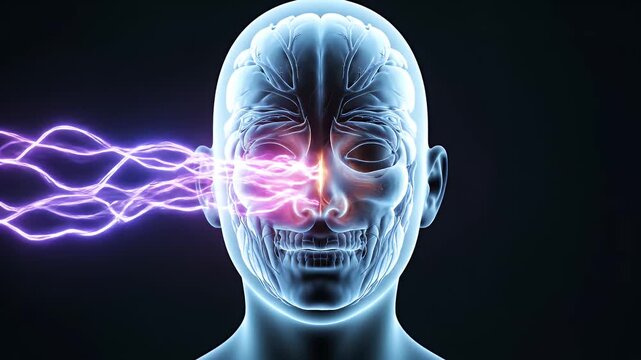 Abstract Digital Rendering of a Human Head Silhouette with Electrical Energy Waves Impacting the Brain and Eyes on a Dark Background