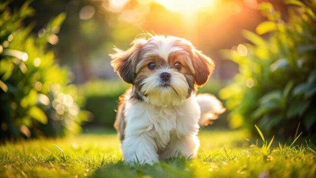 A realistic photo of Adorable shih tzu puppy with fluffy coat playing in the garden