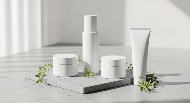 Skincare products on gray background.