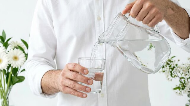 Water pouring from clear pitcher into glass tumbler by adult male hand in bright kitchen, refreshment hydration purity health wellness vitality with natural light and white flower background