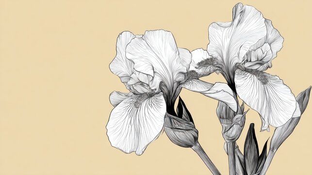 Delicate Black and White Iris Flowers on Beige Background