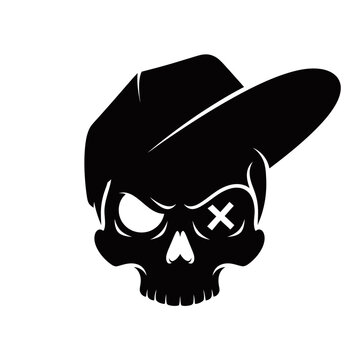 A black silhouette of a skull wearing a backward baseball cap, with an 'X' over one eye socket.