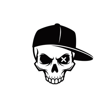 A black and white illustration of a skull wearing a baseball cap backwards.