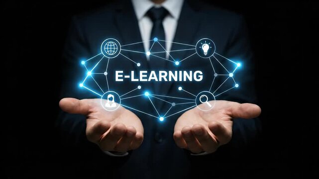Online education e learning network collaboration knowledge connectivity global teamwork synergy concept for distance training, digital interface, business professional hands, e learning education