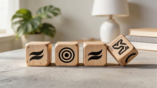 Wooden dice with symbols on concrete table business strategy concept blurred plant and lamp in background minimalist office decor creative workspace idea natural light interior