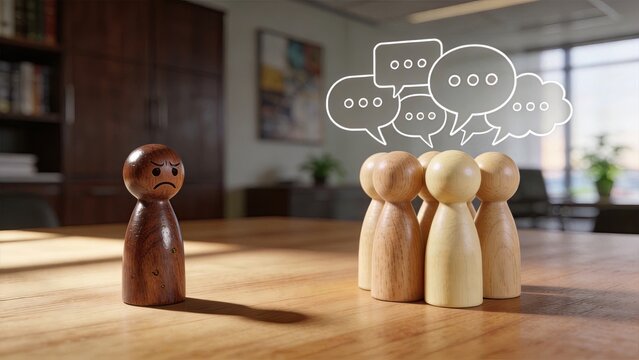 Sad wooden figurine standing alone isolated from a group of happy wooden people with speech bubbles symbolizing loneliness social exclusion bullying and workplace isolation on a