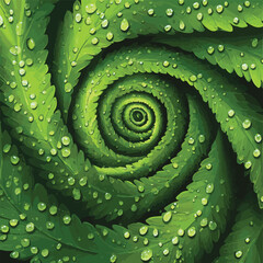 Obraz premium A vibrant spiral of green leaves adorned with water droplets, showcasing nature's intricate patterns and freshness.
