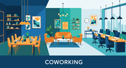 Illustration of a shared workspace with various areas and design © Gani