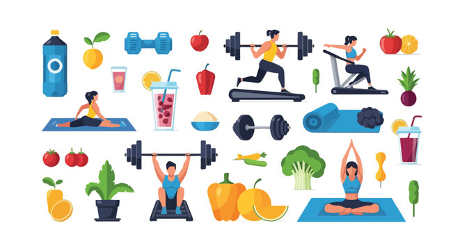 Flat vector illustration with people working out, food and beverages