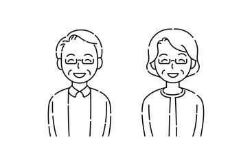 Fototapeta premium 眼鏡をかけて目も笑うシニア夫婦の笑顔 シンプルイラスト 線画