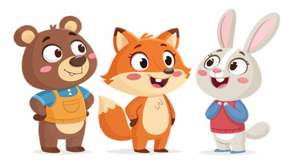 Fototapeta premium Cartoon animals bear fox and rabbit in colorful outfits standing together with happy expressions on white background