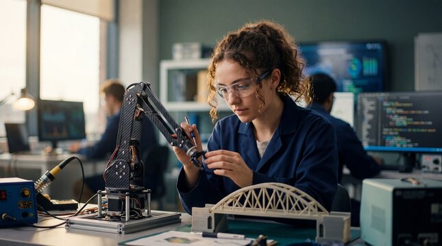 Female Engineer Working on Robotic Arm Prototype in a Modern Tech Laboratory