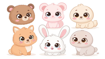Obraz premium Cute chubby baby animals with big eyes cartoon style white background adorable expressions sweet faces various species