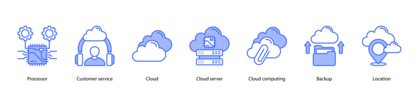 Enterprise Cloud web banner icon vector illustration featuring Processor, Customer Service, Cloud, Cloud Server, Cloud Computing, Backup, and Location.