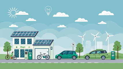 Obraz premium Eco friendly city street with solar powered building and electric vehicles