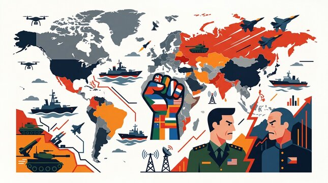 Global geopolitical conflict and military tension concept illustration