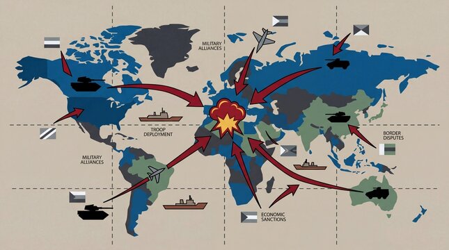 Global military conflict map showing troop deployment and border disputes