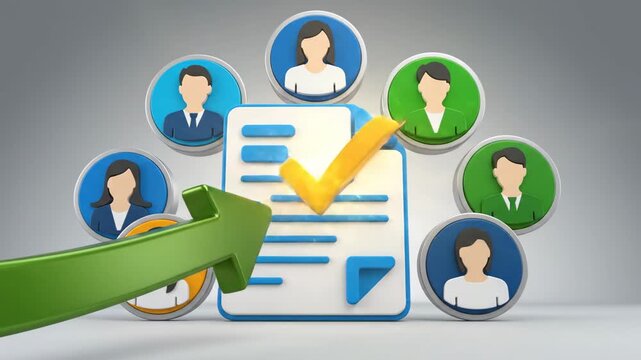 Human resources selection process with checklist and arrow indicating successful candidate recruitment using company resources