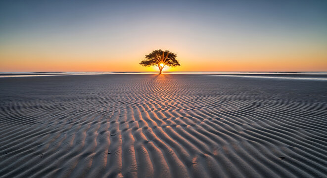 Lone tree silhouetted against a vibrant sunset over a sandy landscape on transparent background