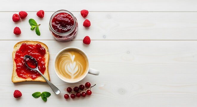 Delicious breakfast with toast, jam, coffee and fresh berries on a white wooden table