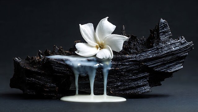 Dark Coconut Shell with Monoi Oil and White Flower on Black Background
