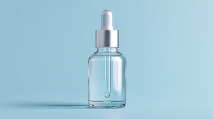 Naklejka premium Clear Glass Bottle with Eyedropper on Soft Blue Background for Lab or Cosmetic Use
