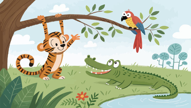 Monkey tiger parrot snake and crocodile cartoon friends play together in jungle with green grass and blue sky