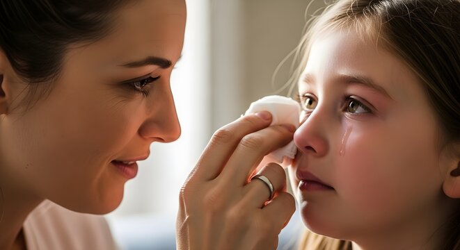 Woman comforting child wiping face closeup emotional support indoors