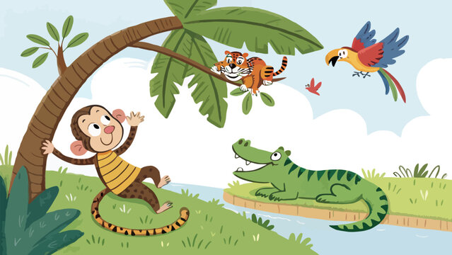 Monkey tiger parrot snake and crocodile play together in jungle with palm tree and river