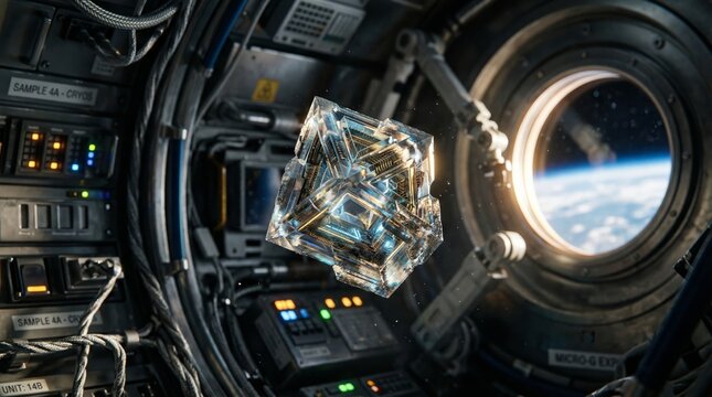 Futuristic spaceship interior with glowing crystalline cube floating in zero gravity and earth view